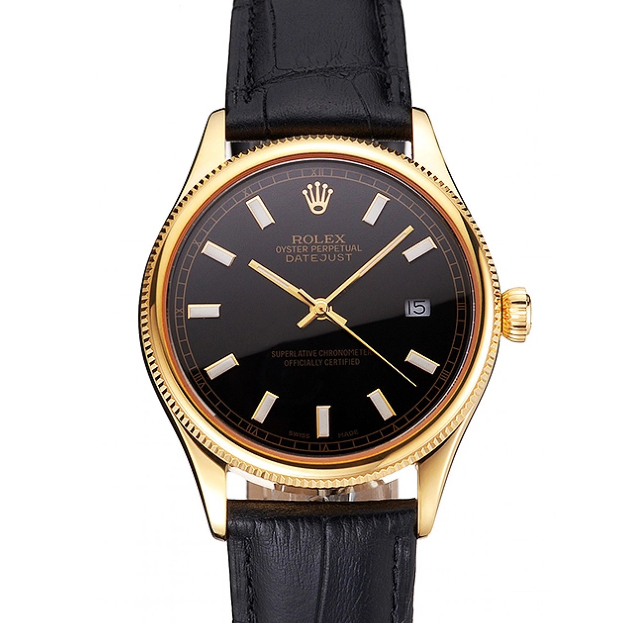 Aaa replica Swiss Strap Black Leather Dial Case Datejust Black Gold Rolex 0707
